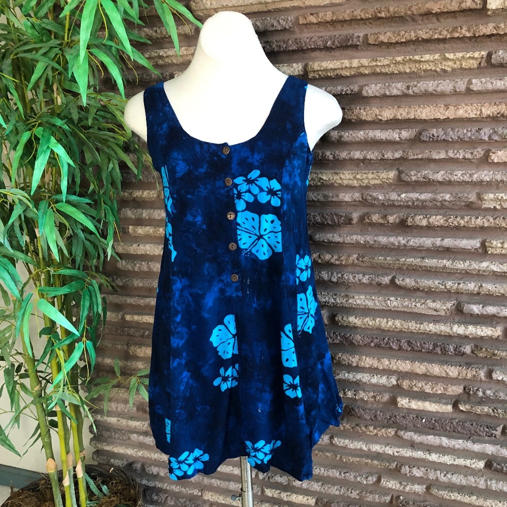 Vintage Hawaiian Blue Floral Mini Dress Swim Cover Up Small
